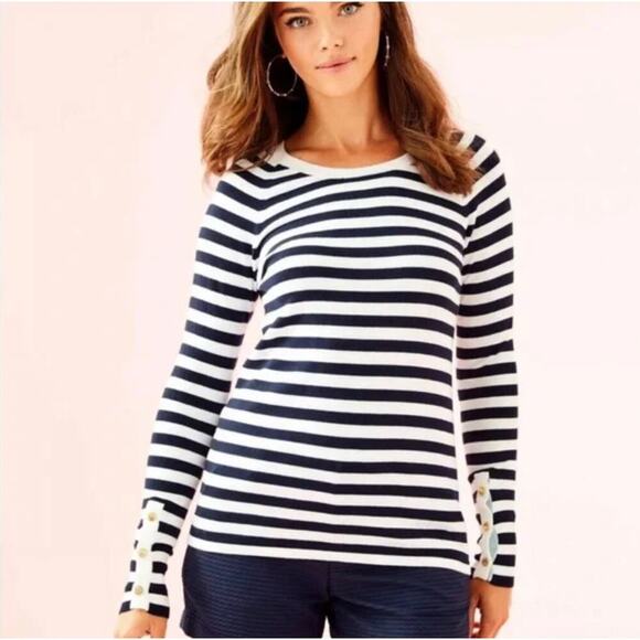 Lilly Pulitzer Dinah Sweater‎ Navy White Striped Size Large Preppy Nautical - Picture 1 of 10